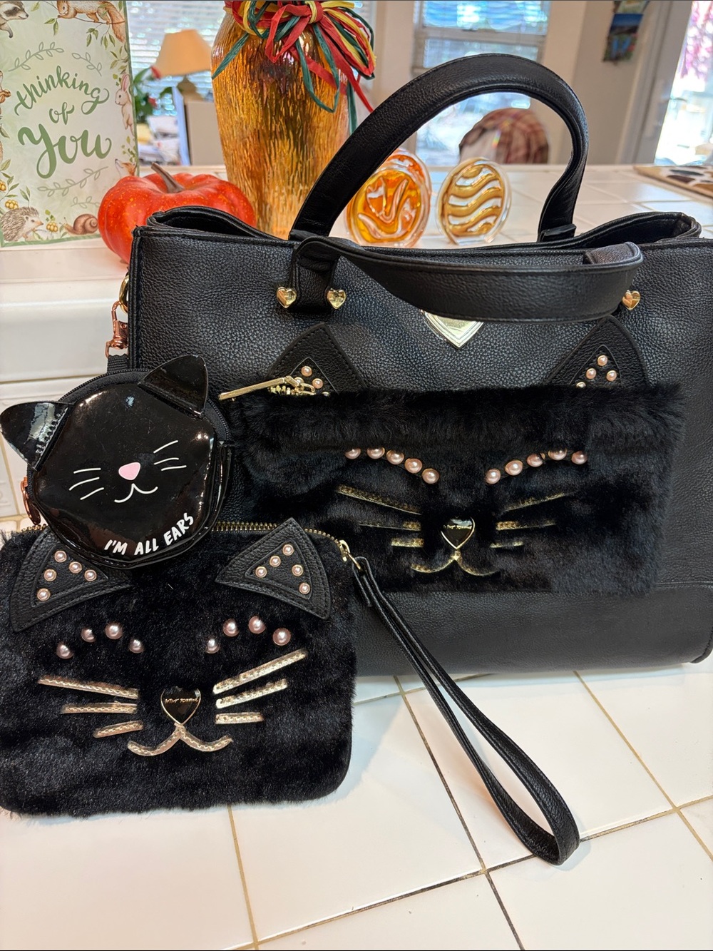 RARE! BETSEY JOHNSON Black Cat Tote PLUS matching Cosmetic Bag PLUS Coin Purse